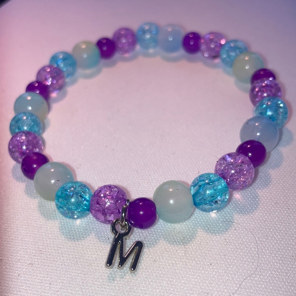 Blue and Purple Glass Beaded Bracelet with M Charm
